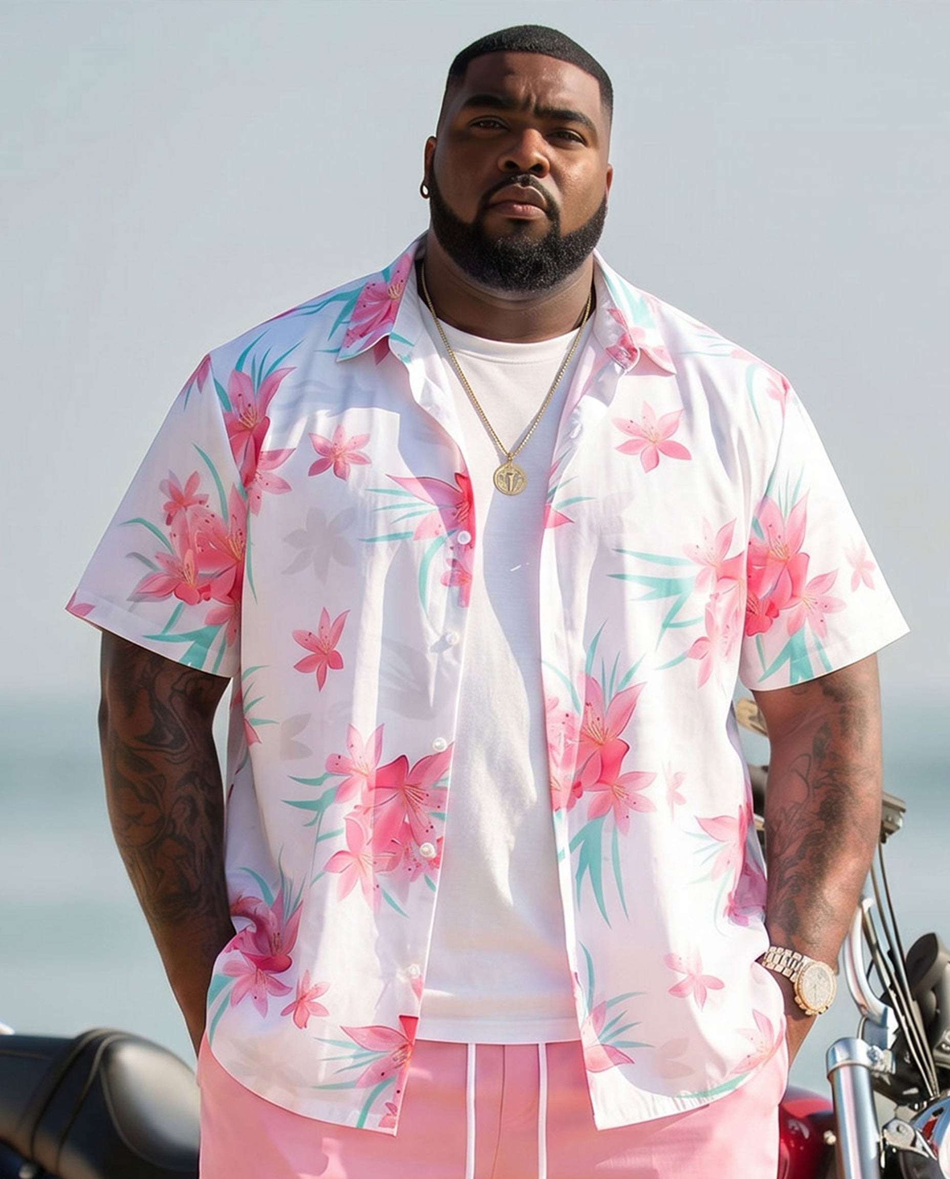 Big & Tall Men's Hawaiian Pink Floral Short Sleeve Cardigan Shirt Shorts Set