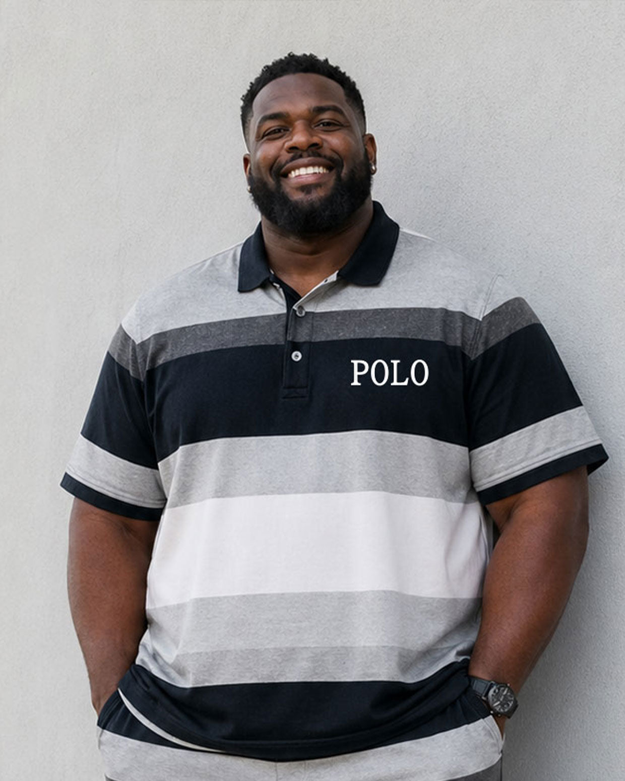 Big & Tall Men's Classic Black And White Grey Thick Stripe Contrast Chest Printed POLO Short Sleeve Shorts Set