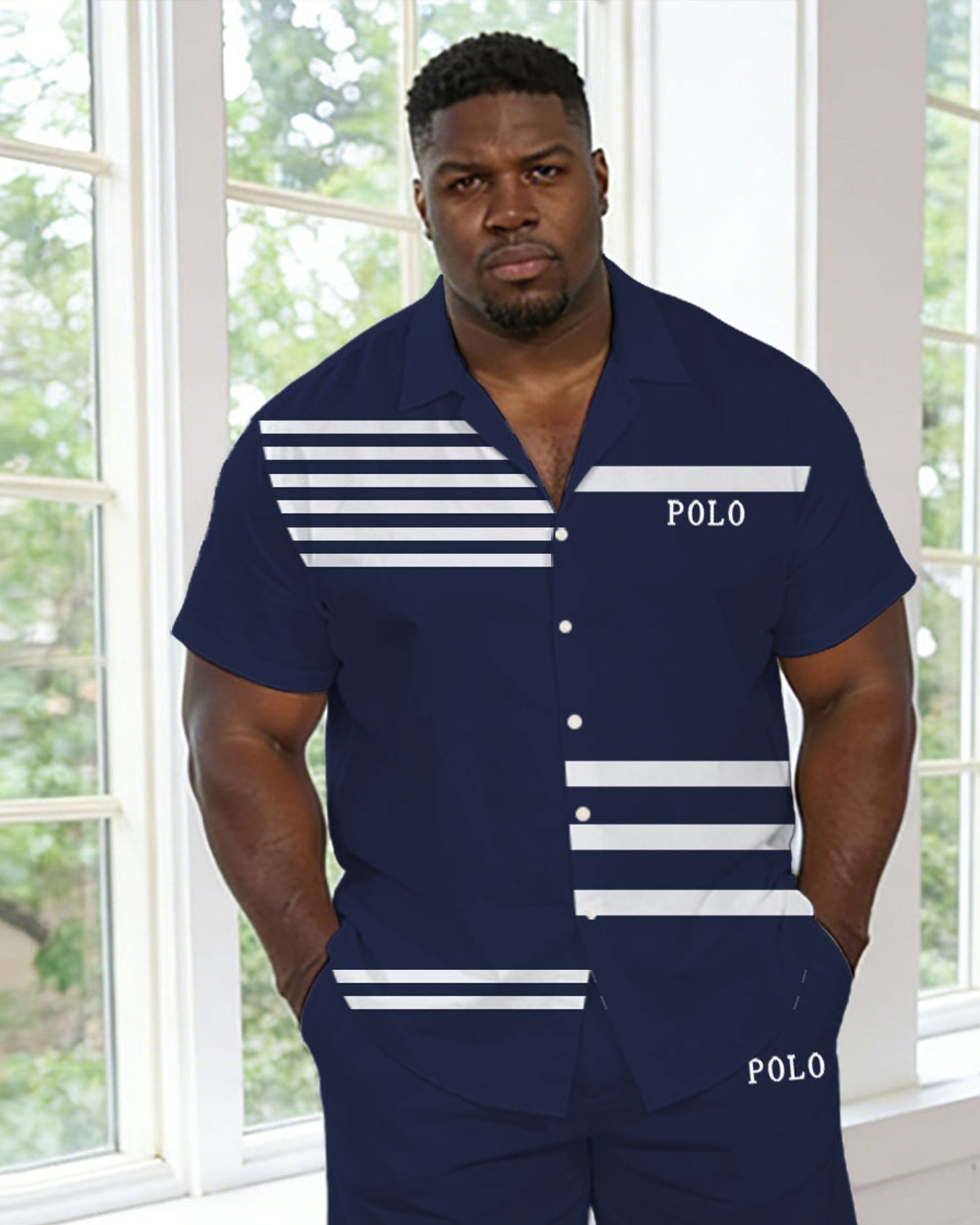 Men's Large Size Royal Blue Small Label Printed Short Sleeve Shirt And Shorts Set