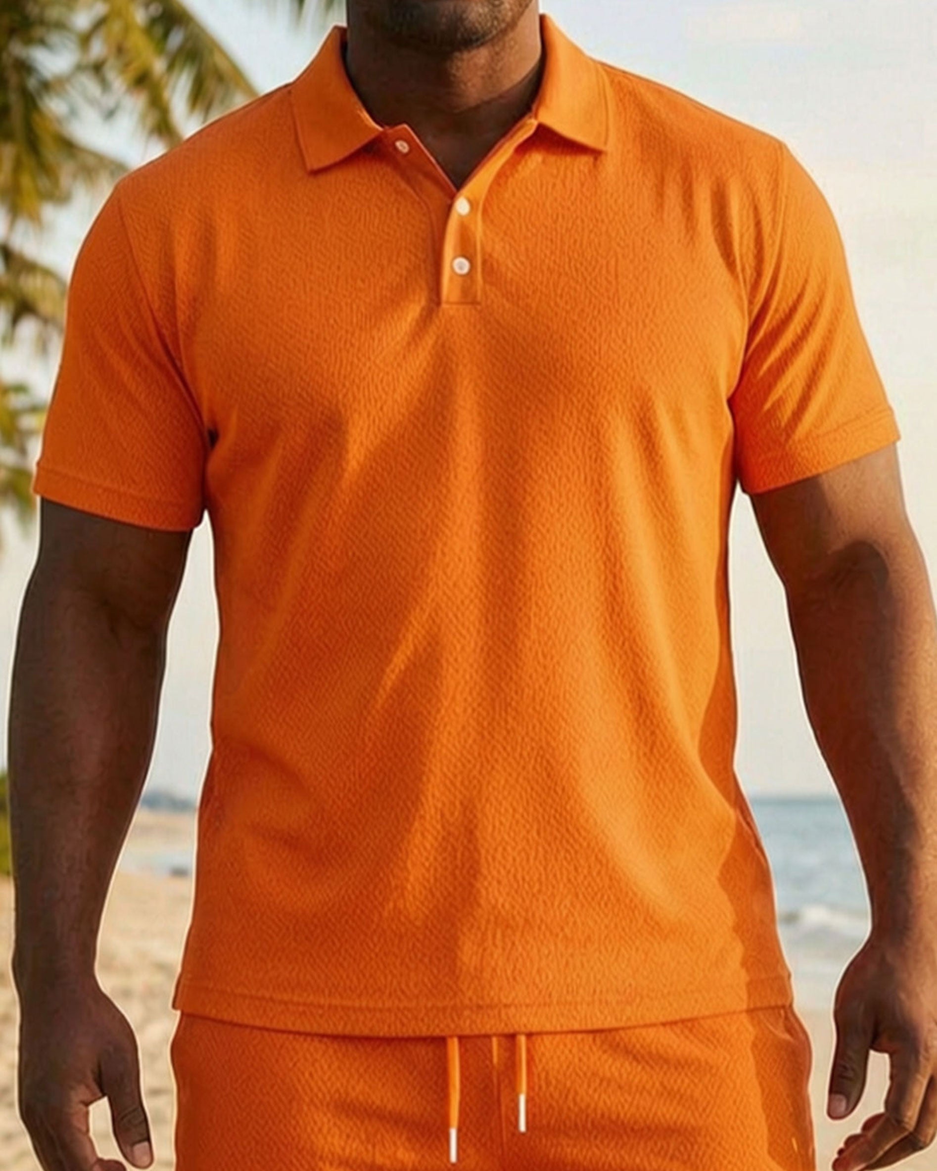 Big & Tall Men's Orange Solid Color Casual POLO Shirt Short Sleeve Shorts Set