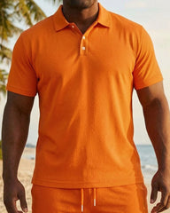 Big & Tall Men's Orange Solid Color Casual POLO Shirt Short Sleeve Shorts Set