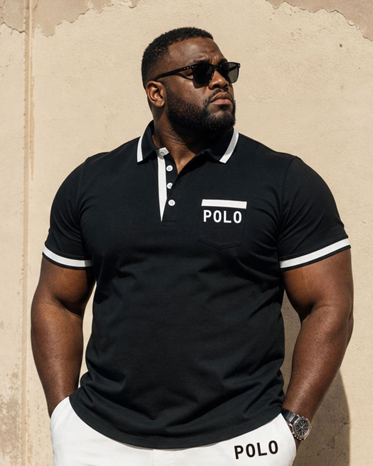 Big & Tall Men's Black & White Classic Color Matching Chest Small Label Printed POLO Shirt Short Sleeve Shorts Set