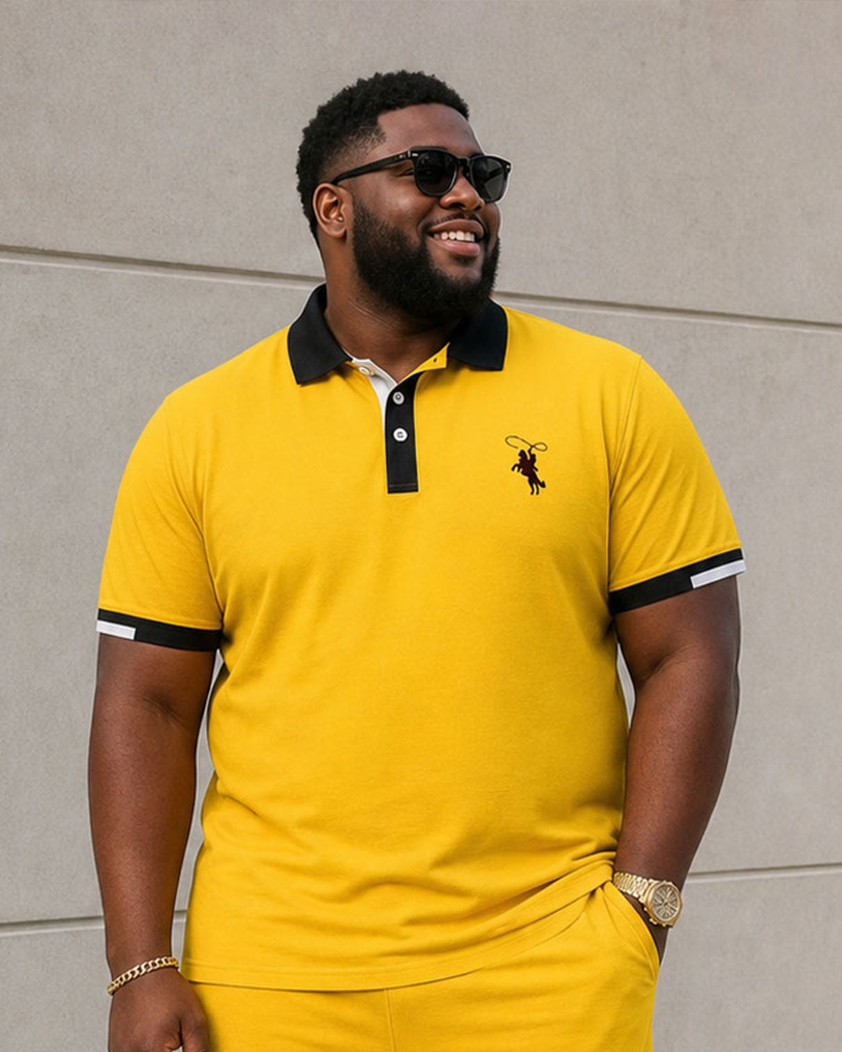 Big & Tall Men's Black & Yellow Contrast Stitching Chest Printing Simple Casual Daily POLO Shirt Short Sleeve Shorts Set