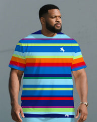Big & Tall Men's Blue Rainbow Stripe Casual Daily Simple Chest Pony Print T-Shirt Shorts Set