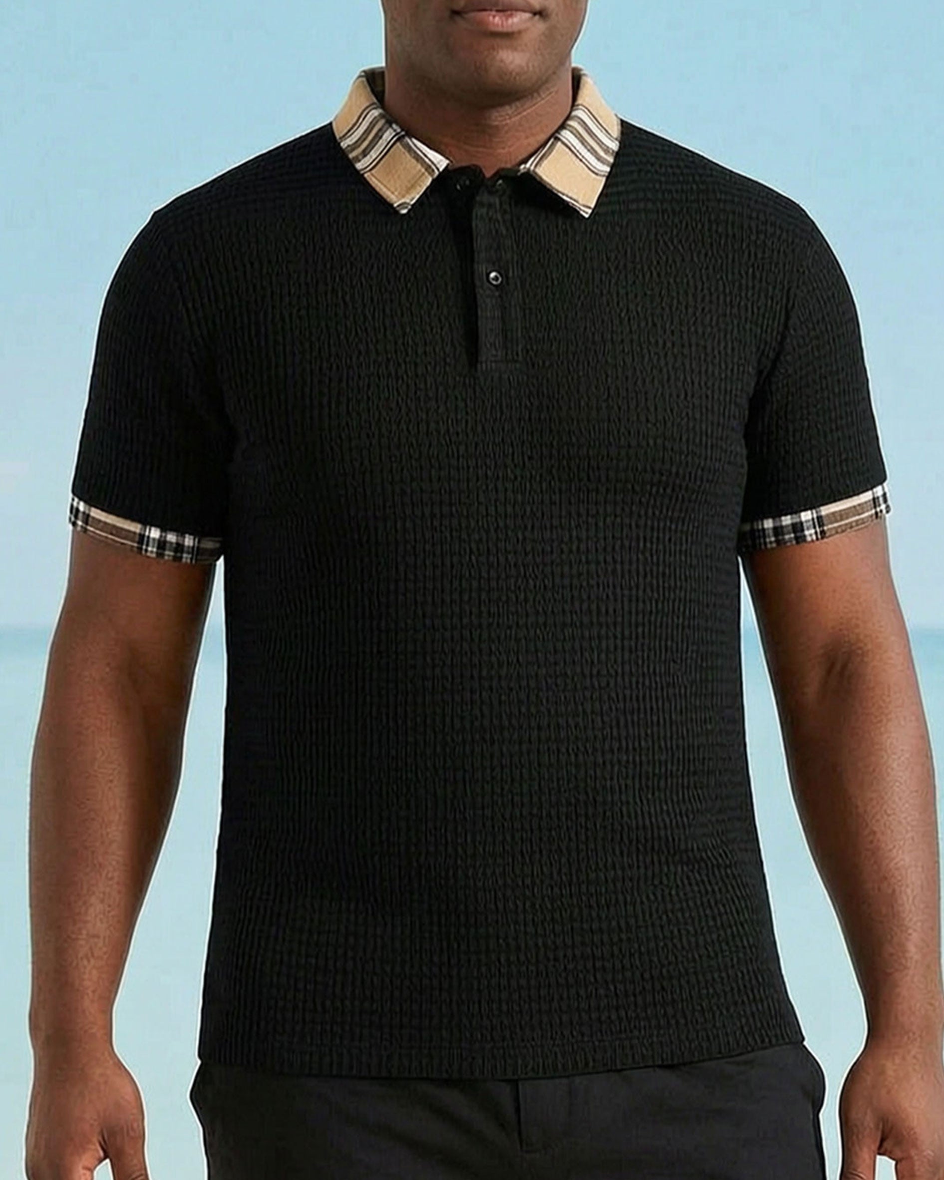 Big & Tall Men's Neckline Features Stitching Khaki Check POLO Short Sleeve Shorts Black Suit