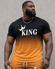Big & Tall Men's Black & Orange Gradient KING Slogan Printed Short Sleeve T-Shirt Shorts Set