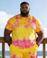 Hawaii Plus Size Men's Yellow & Pink Tie-Dye Short Sleeve T-Shirt Shorts Set