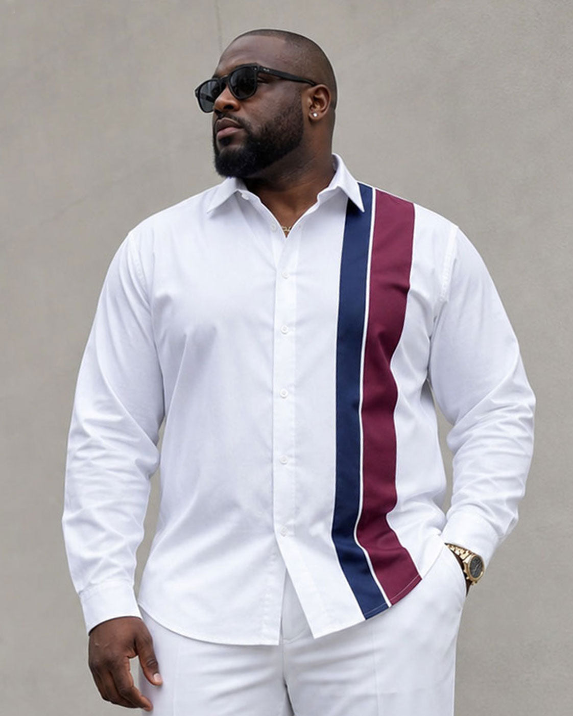 Big & Tall Men's White Simple Contrast Color Business Leisure Travel Party Long Sleeve Shirt Pants Set
