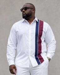 Big & Tall Men's White Simple Contrast Color Business Leisure Travel Party Long Sleeve Shirt Pants Set