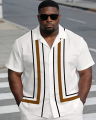 Men's Large Size Simple White Short-Sleeved Shirt And Shorts Set