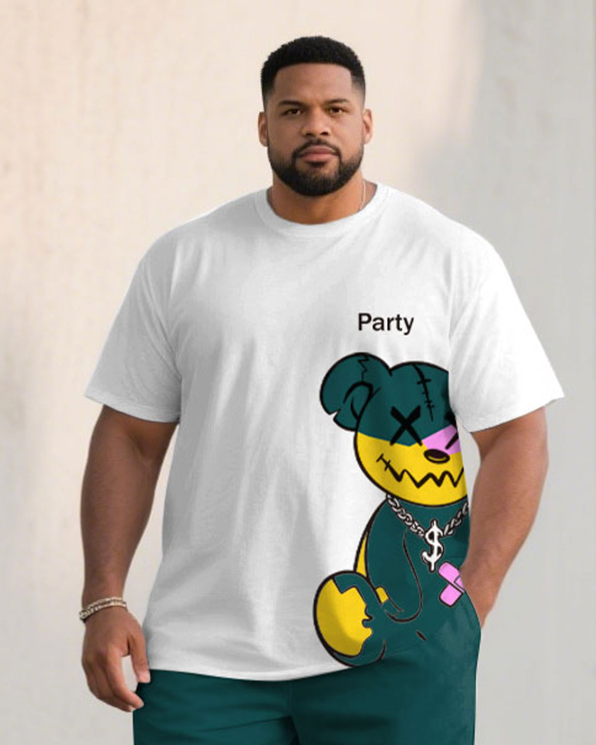 Big & Tall Men' Color Contrast Cartoon Pattern Street Fashion Short Sleeve T-shirt Shorts Set