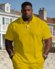 Large Size Men's Spring And Summer Leisure Holiday Yellow Collar & Cuff Edge Features Logo Business Party Short Sleeve POLO Shirt Shorts Set
