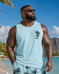 Big & Tall Men's Hawaiian Vacation Blue Coconut Tree Silhouette Print Tank Shorts Set
