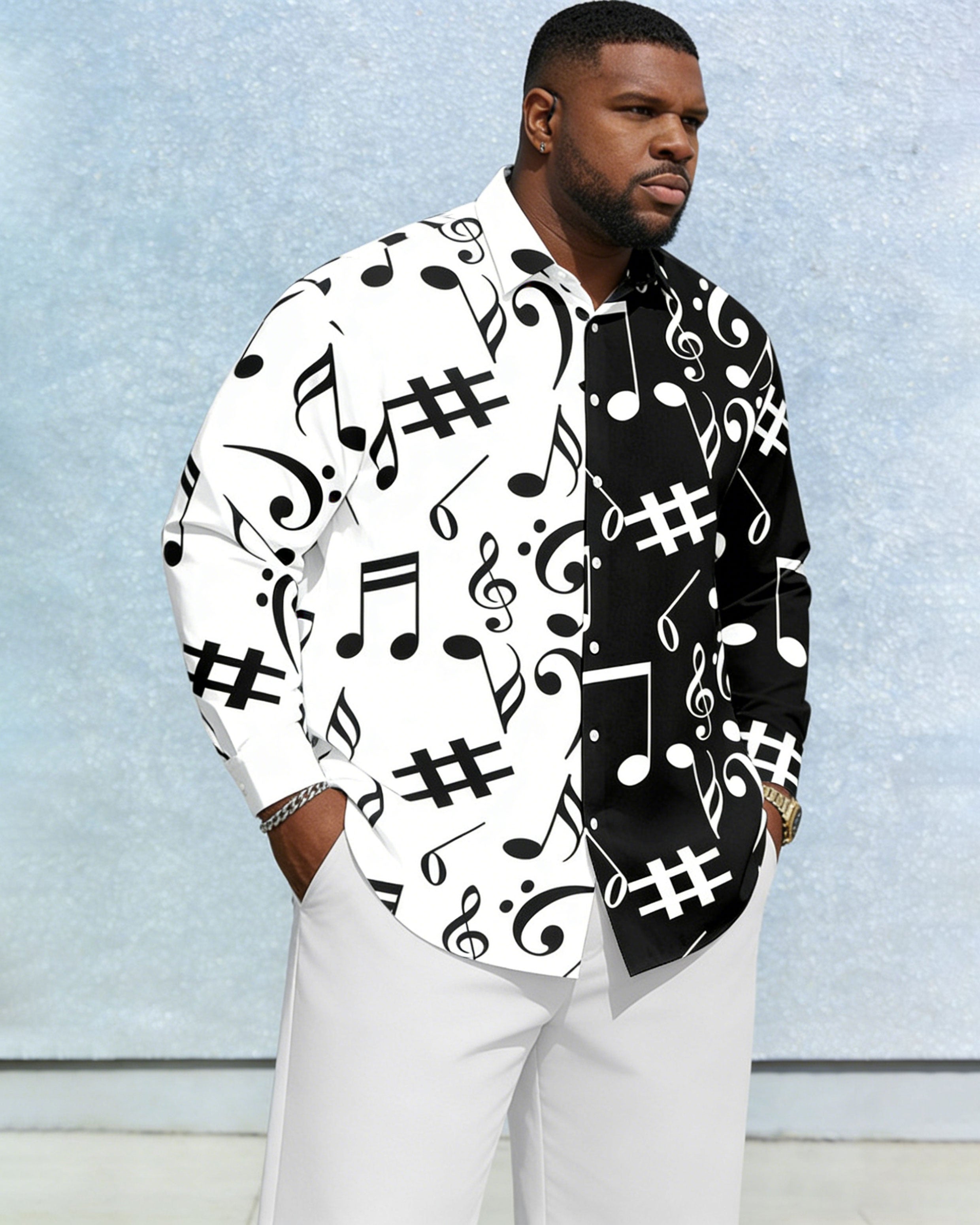 Men's Plus Size Casual Vacation Music Character Date White & Black Stitching Anti-Wrinkle New Lap Collar Long Sleeve Shirt