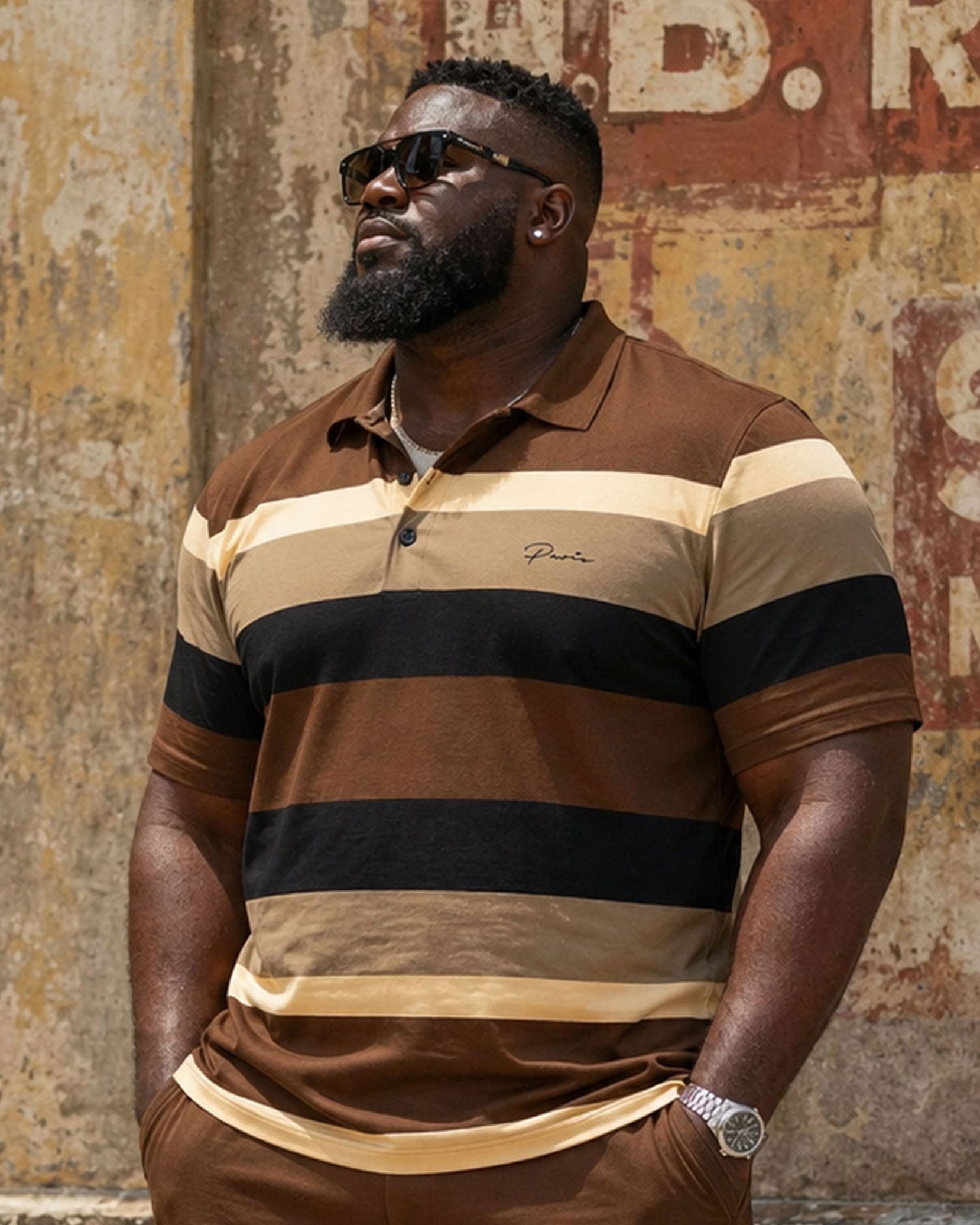 Big & Tall Men's Brown & Khaki Classic Coarse Stripe Color Matching Short Sleeve POLO Shirt Shorts Set