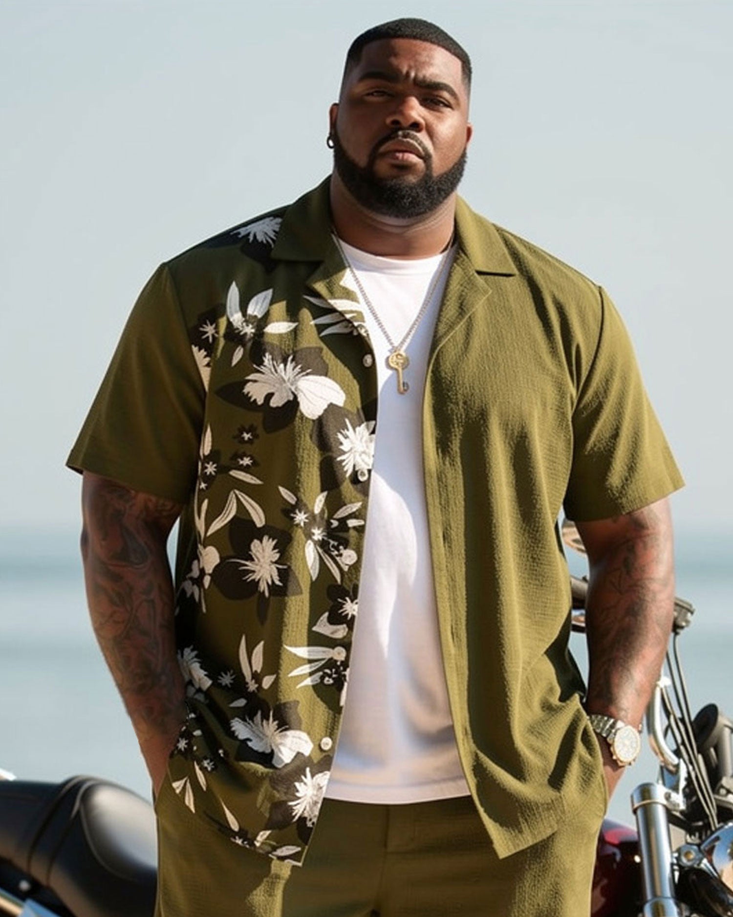 Big & Tall Men's Hawaiian Holiday Green Contrast Printed Cardigan Short Sleeve Shirt Shorts Set