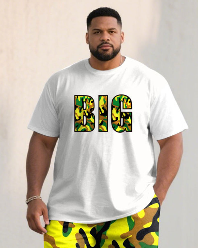 Large Size Men's Camouflage "BIG" Slogan Print Short Sleeve T-shirt Shorts Set