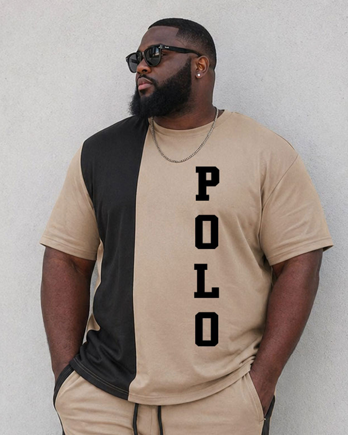 Big & Tall Men's Casual Simple Daily Black & Khaki Contrast Color Stitching Large Slogan Printed T-Shirt Shorts Set