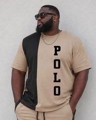 Big & Tall Men's Casual Simple Daily Black & Khaki Contrast Color Stitching Large Slogan Printed T-Shirt Shorts Set