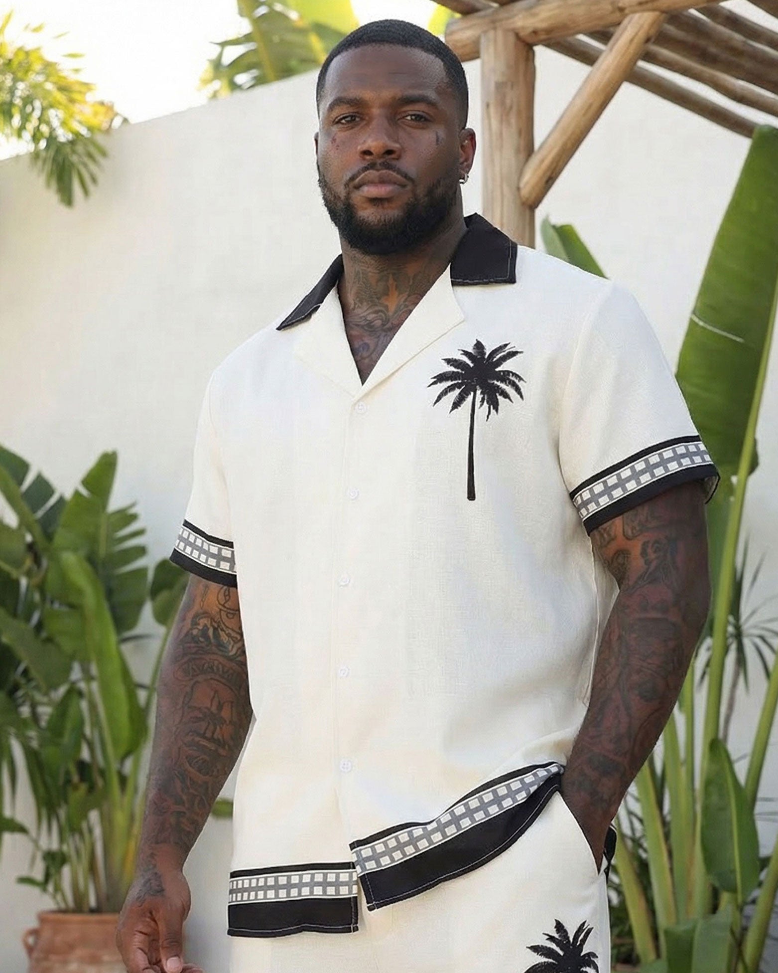 Big & Tall Men's Hawaiian Off-white Coconut Hem Cuffs Geometric Stitching Cuban Collar Short Sleeve Shirt Shorts Set