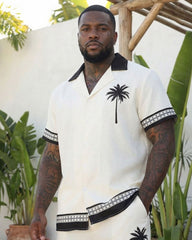 Big & Tall Men's Hawaiian Off-white Coconut Hem Cuffs Geometric Stitching Cuban Collar Short Sleeve Shirt Shorts Set