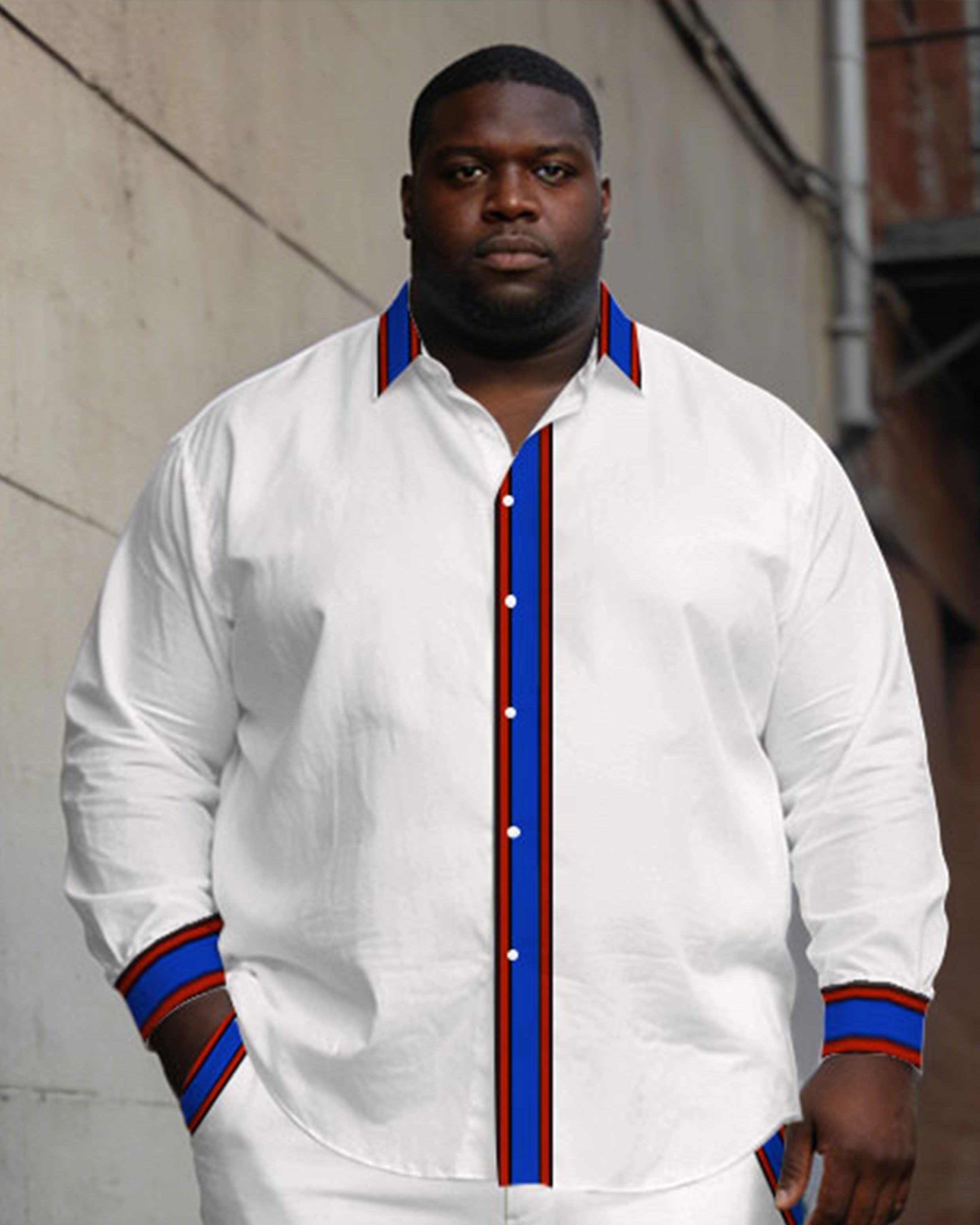 Men's Large Size White Cardigan Placket Color Contrast Simple Long Sleeve Shirt Trousers Business Casual Suit