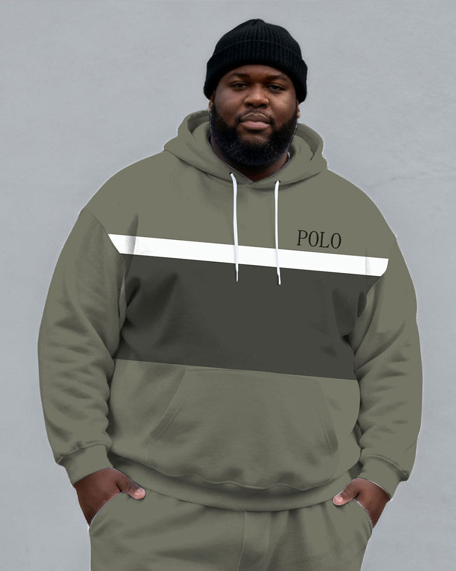 Large Size Men's Autumn And Winter Warm Cold-proof Gentleman Fog Green Color-block Small Label Printed Kangaroo Large Pocket Hoodie Sweatpants Set