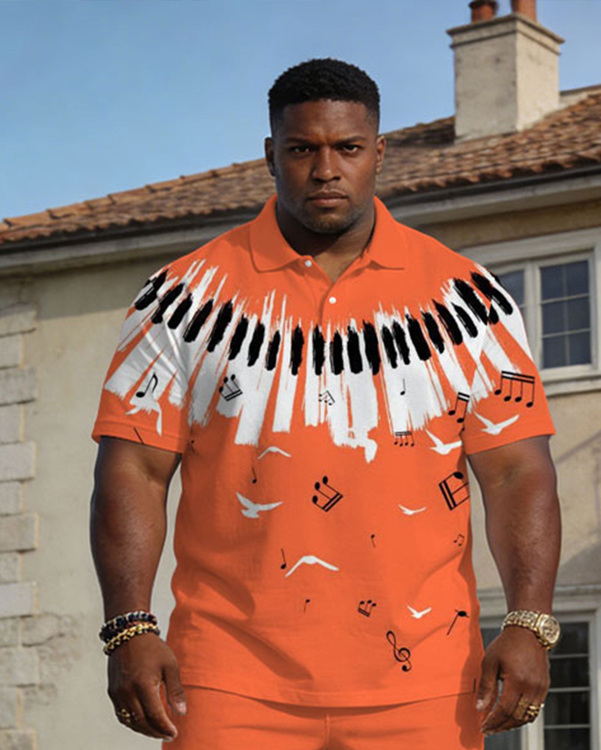 Large Size Men's Spring And Summer Leisure Vacation Business Party Orange & White Music Pattern Short Sleeve POLO Shirt Shorts Set