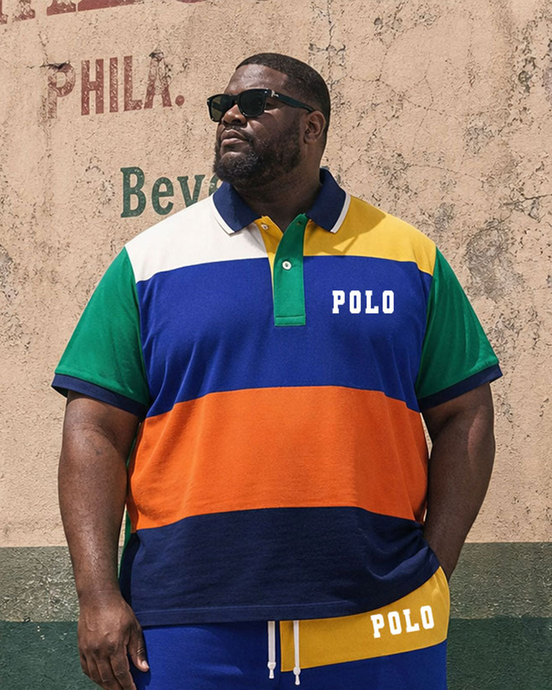 Big & Tall Men's Exaggerated Contrast Color Chest Printed Small Label POLO Shirt Short Sleeve Shorts Set