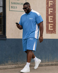 Big & Tall Men's Blue Side Stitching Contrast Casual Simple POLO Shirt Short Sleeve Shorts Set
