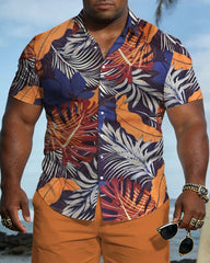 Big & Tall Men's Hawaiian Holiday Style Orange Plant Pattern Short Sleeve Shirt Shorts Set
