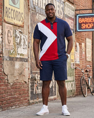 Big & Tall Men's Triangle Geometric Contrast Printed POLO Shirt Short Sleeve Shorts Set