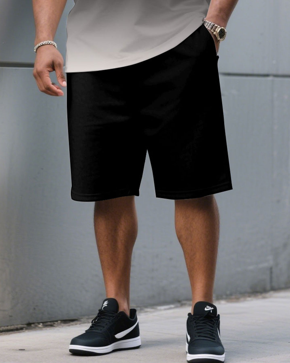 Men's Plus Size Casual Black & Red Chest Gradient Fashion Round Neck Short Sleeve T-Shirt and Shorts Suit