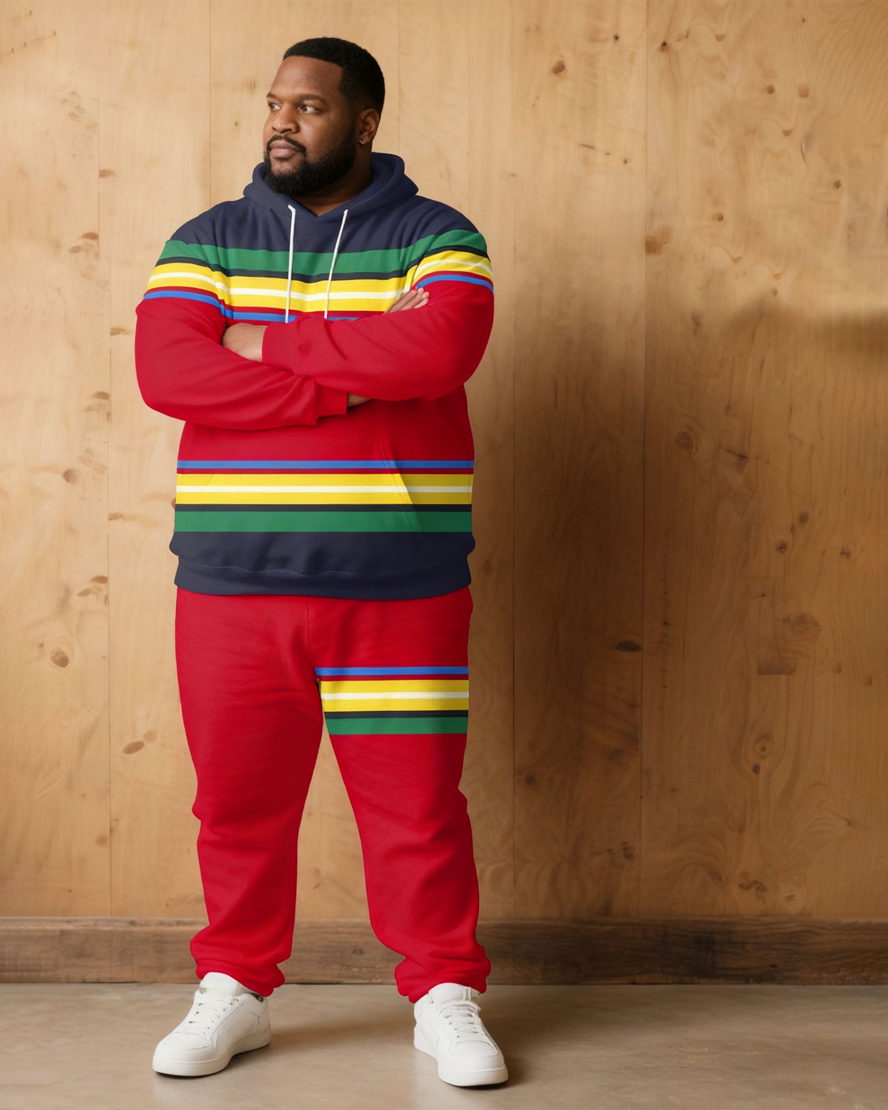 Large Size Men's Autumn And Winter Warm Cold-proof Brown Red & Rainbow Color Contrast Hoodie Sweatpants Set