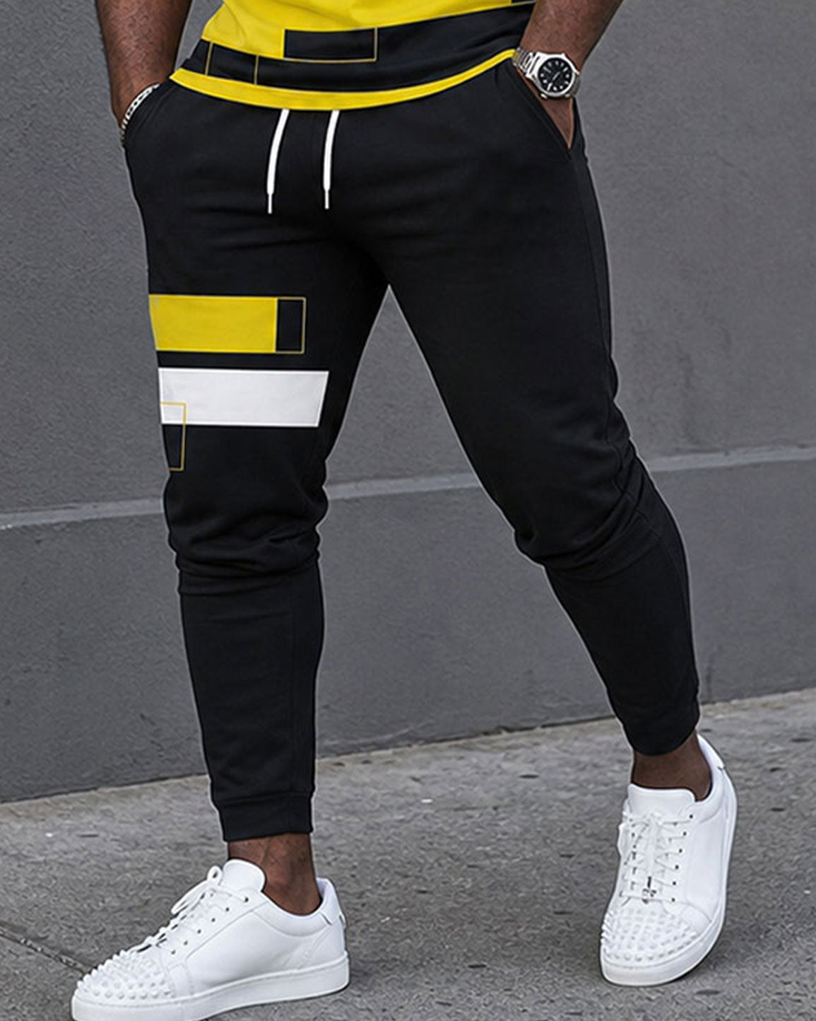 Big & Tall Men's Casual Simple Hiking Daily Yellow Irregular Square Printed Short Sleeve T-shirt Sports Pants Set