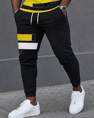 Big & Tall Men's Casual Simple Hiking Daily Yellow Irregular Square Printed Short Sleeve T-shirt Sports Pants Set