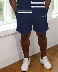 Men's Large Size Royal Blue Small Label Printed Short Sleeve Shirt And Shorts Set