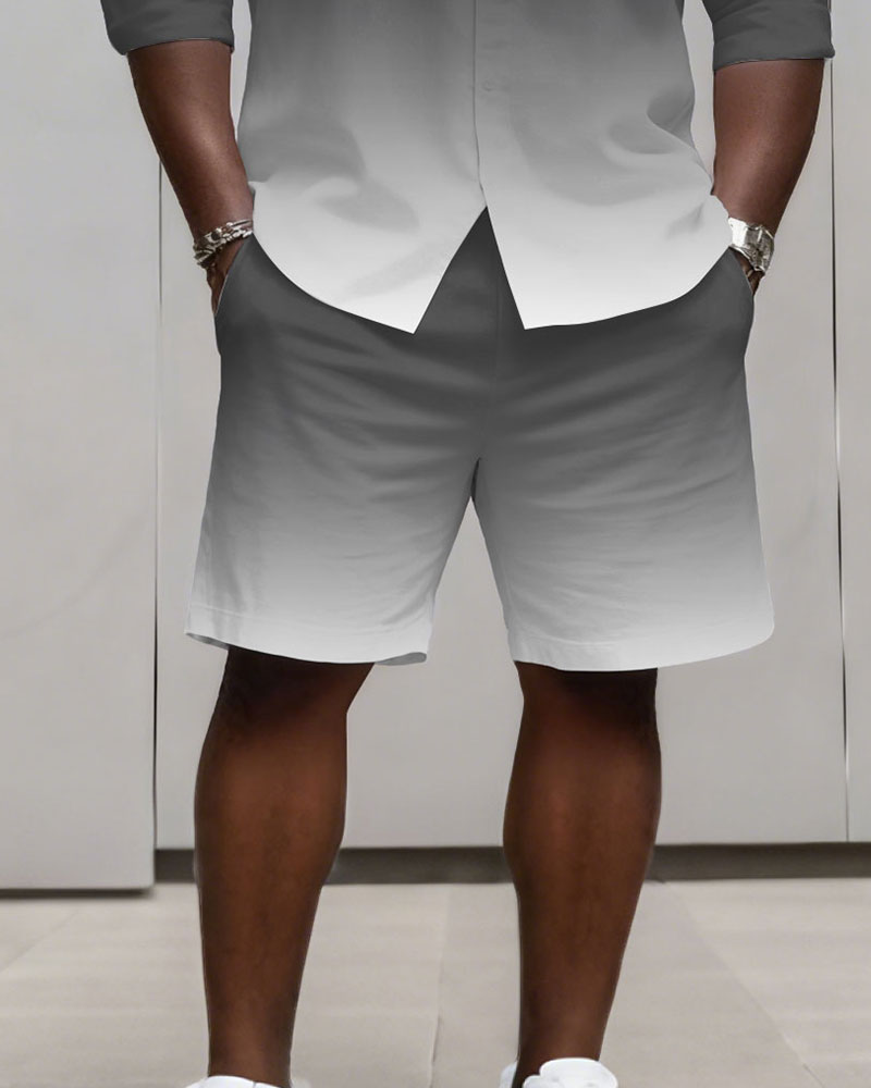 Big & Tall Men's Business Simple Blue & Purple & Grey & White 3 Choice Gradient Contrast Long Sleeve Shirt Shorts Set
