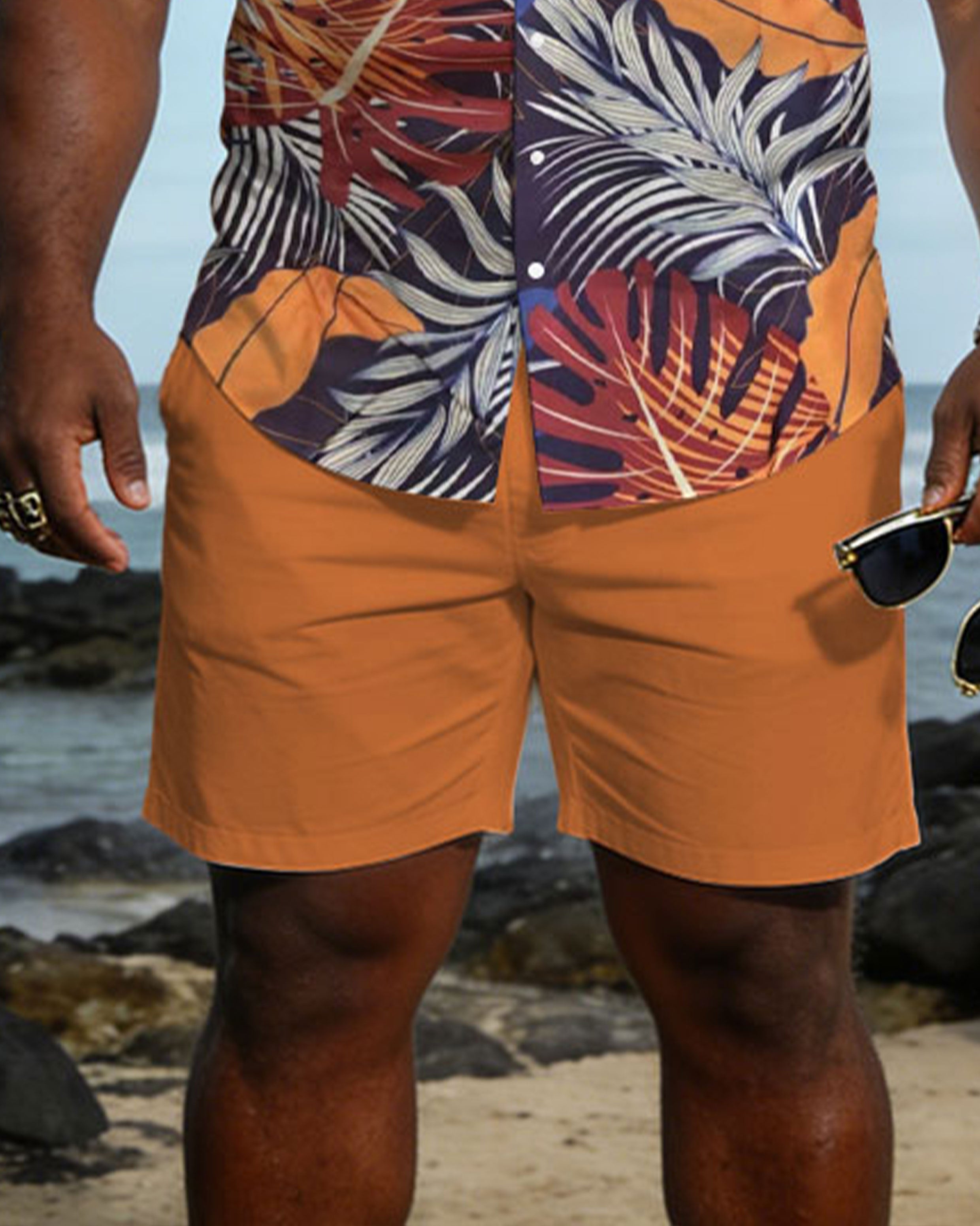 Big & Tall Men's Hawaiian Holiday Style Orange Plant Pattern Short Sleeve Shirt Shorts Set