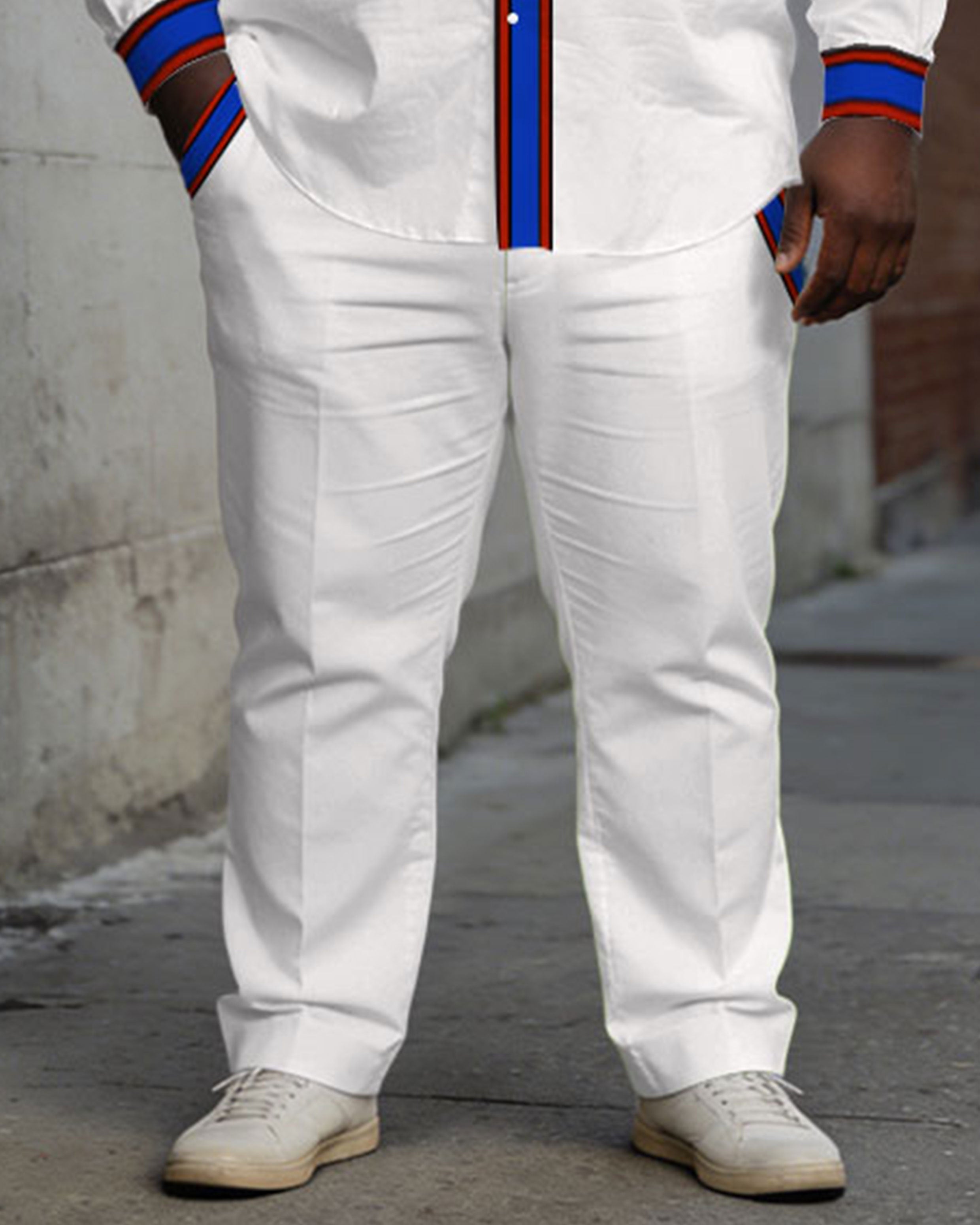 Men's Large Size White Cardigan Placket Color Contrast Simple Long Sleeve Shirt Trousers Business Casual Suit