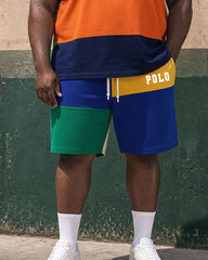 Big & Tall Men's Exaggerated Contrast Color Chest Printed Small Label POLO Shirt Short Sleeve Shorts Set