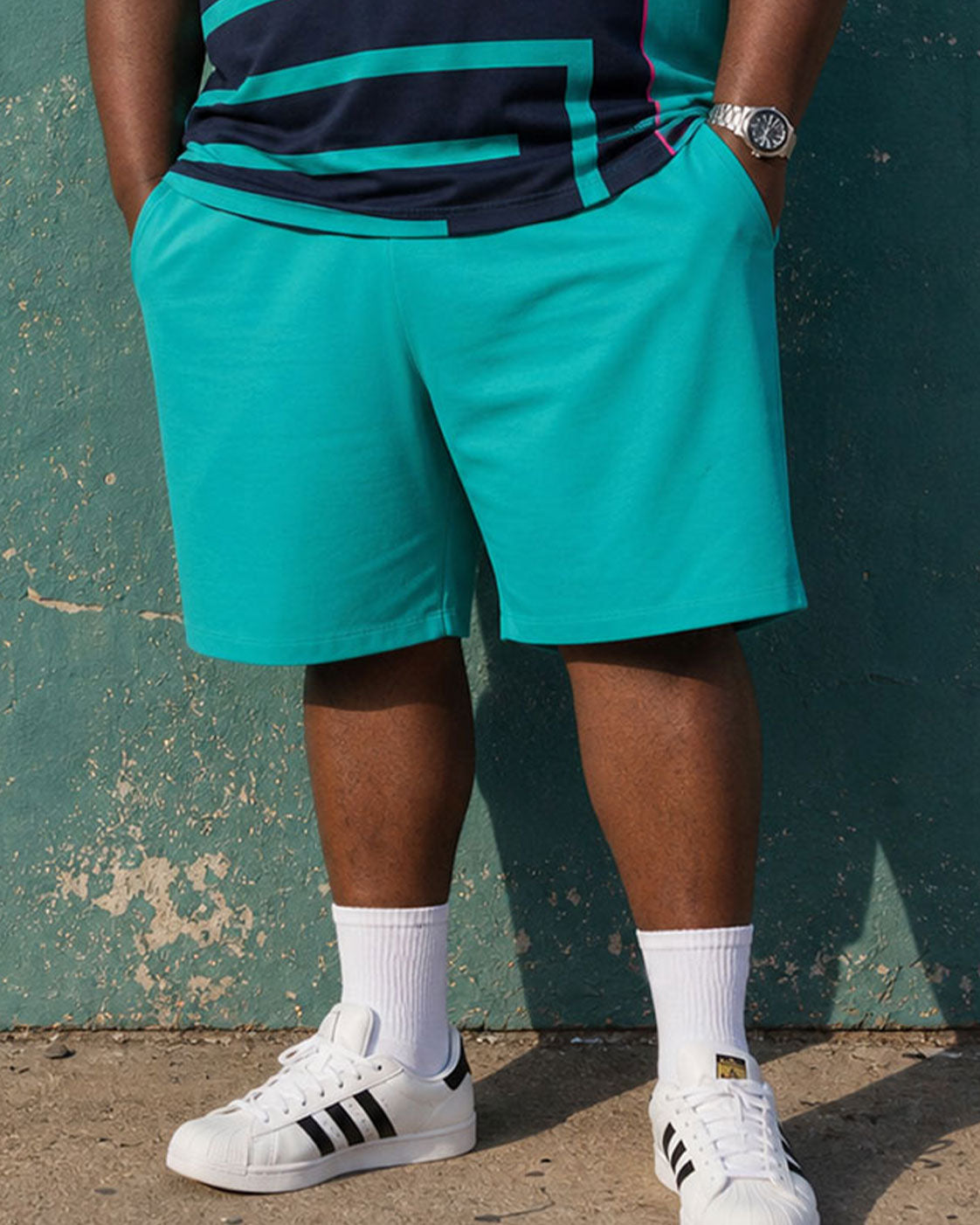 Big & Tall Men's Lake Blue & Black Contrast Printed Zipper POLO Shirt Short Sleeve Shorts Set