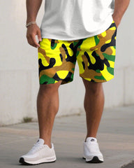 Large Size Men's Camouflage "BIG" Slogan Print Short Sleeve T-shirt Shorts Set