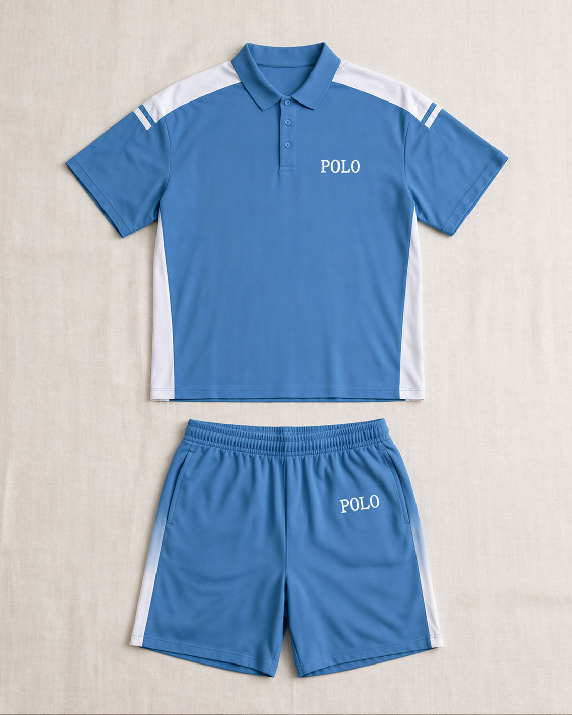 Big & Tall Men's Blue Side Stitching Contrast Casual Simple POLO Shirt Short Sleeve Shorts Set