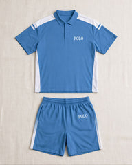 Big & Tall Men's Blue Side Stitching Contrast Casual Simple POLO Shirt Short Sleeve Shorts Set