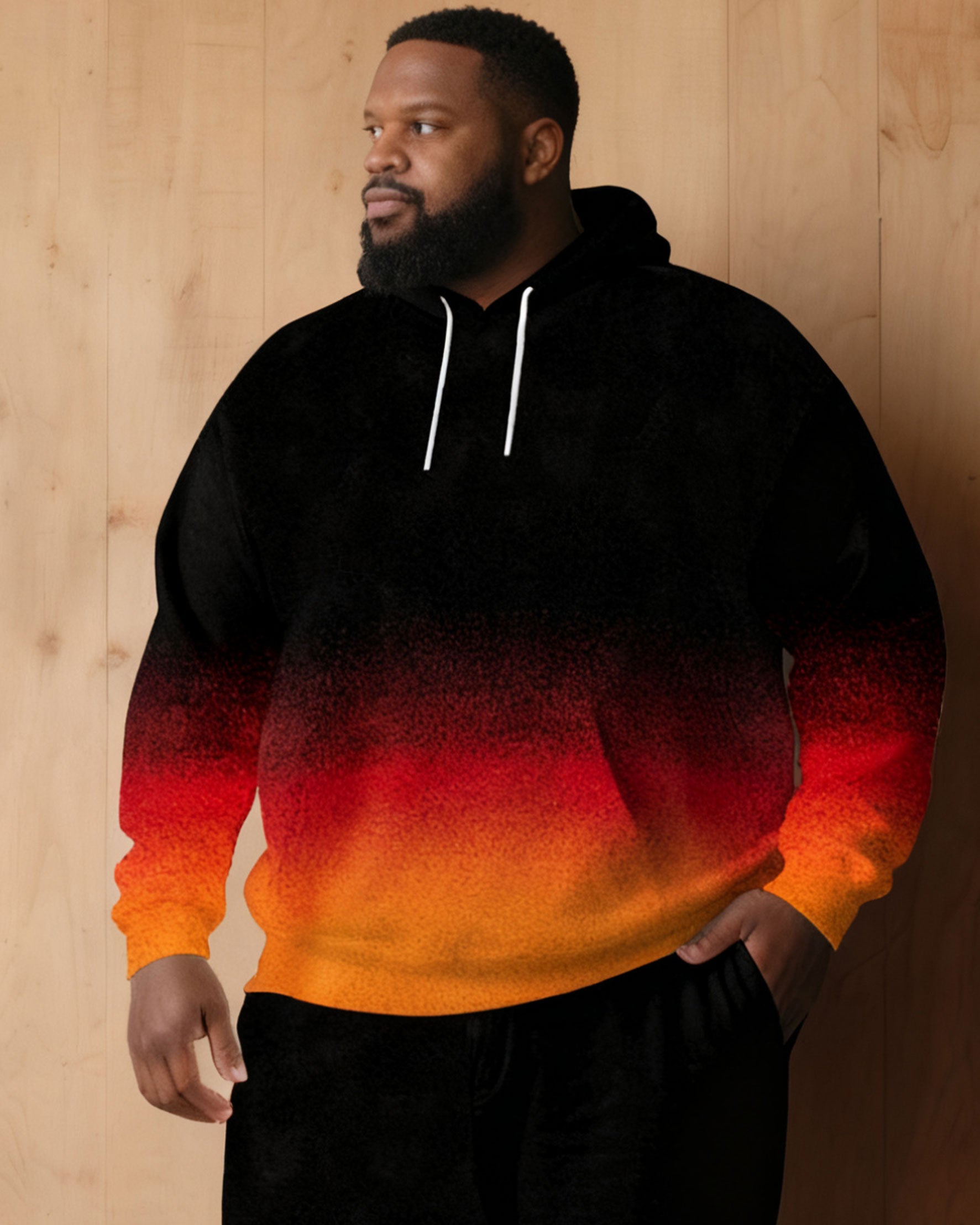 Large Size Men's Autumn And Winter Warm Cold-proof Red & Black Neon Gradient Contrast Hoodie Sweatpants Set