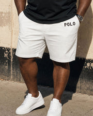 Big & Tall Men's Black & White Classic Color Matching Chest Small Label Printed POLO Shirt Short Sleeve Shorts Set