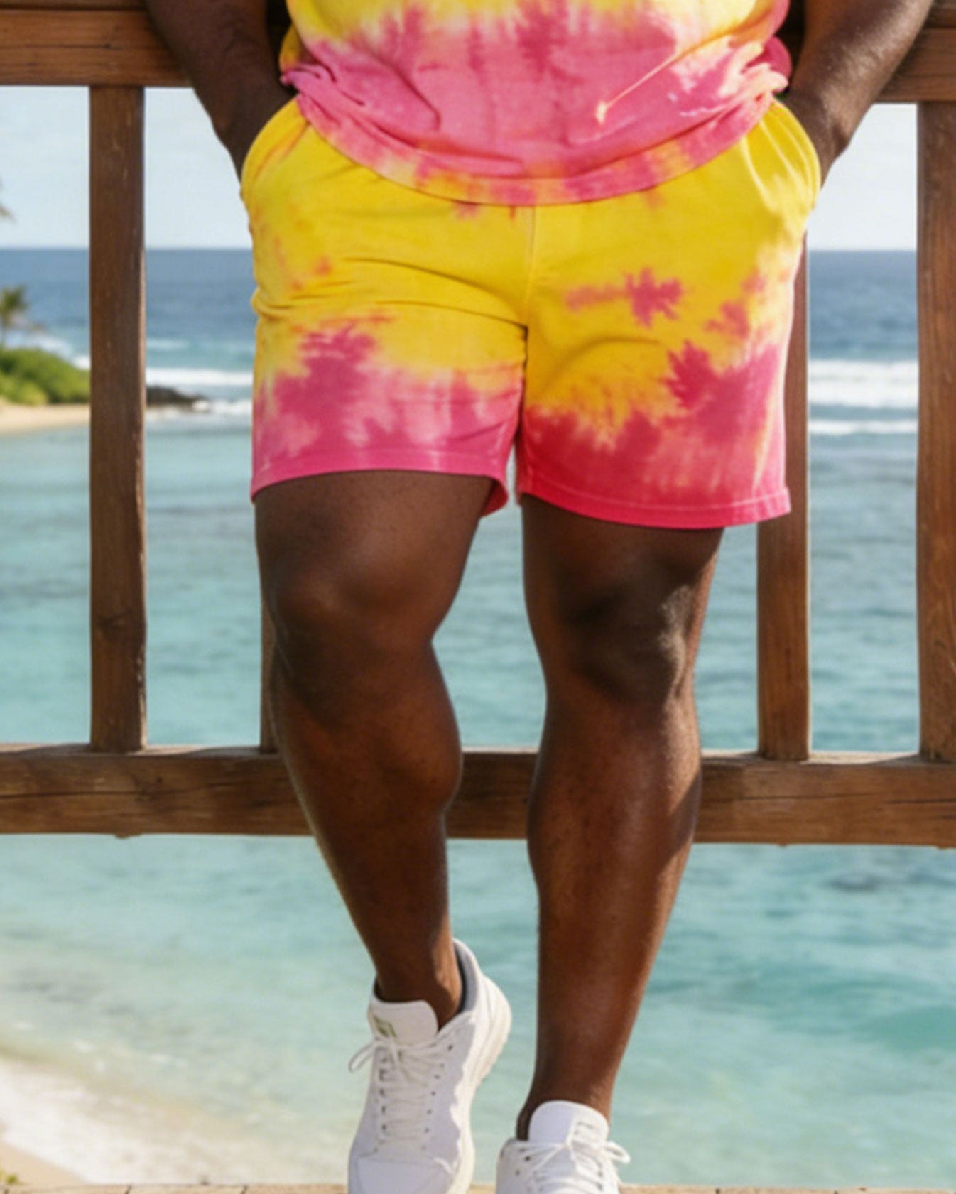 Hawaii Plus Size Men's Yellow & Pink Tie-Dye Short Sleeve T-Shirt Shorts Set
