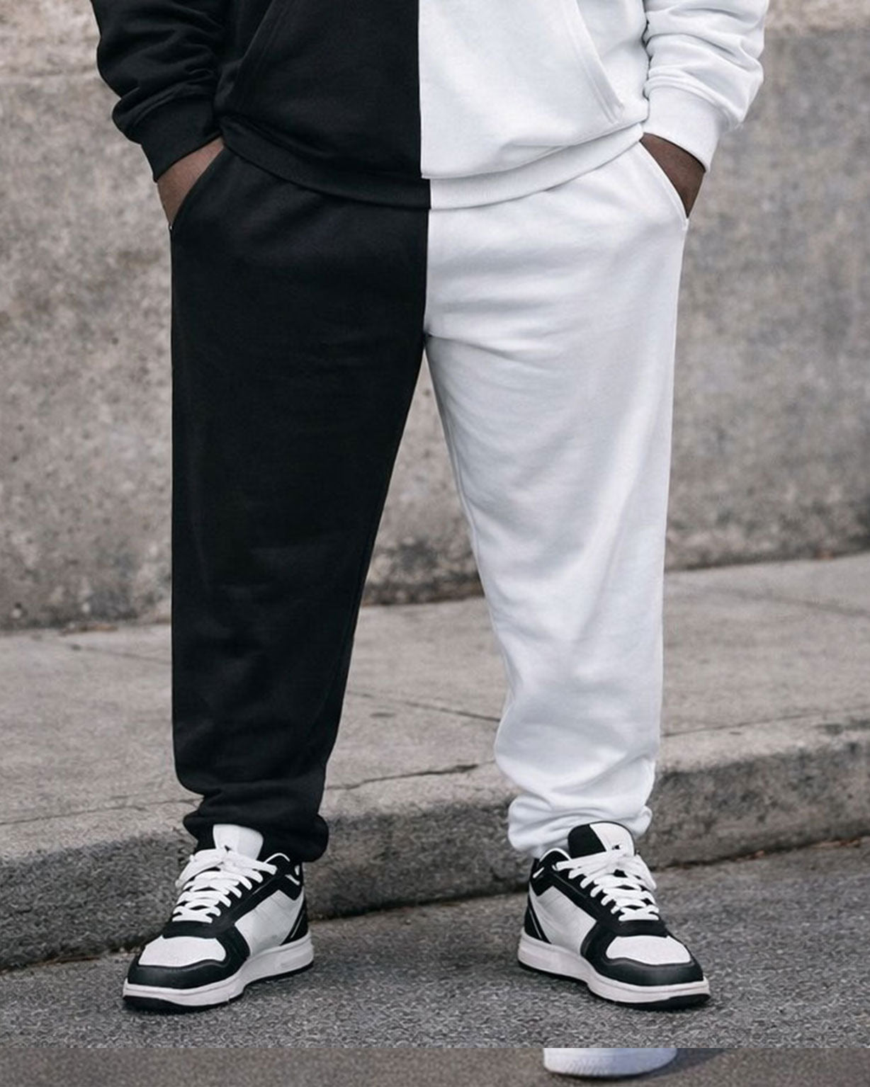 Large Size Men's Autumn And Winter Warm Cold-proof Black & White Contrast Stitching Printed Chest KING Hoodie Sweatpants Set