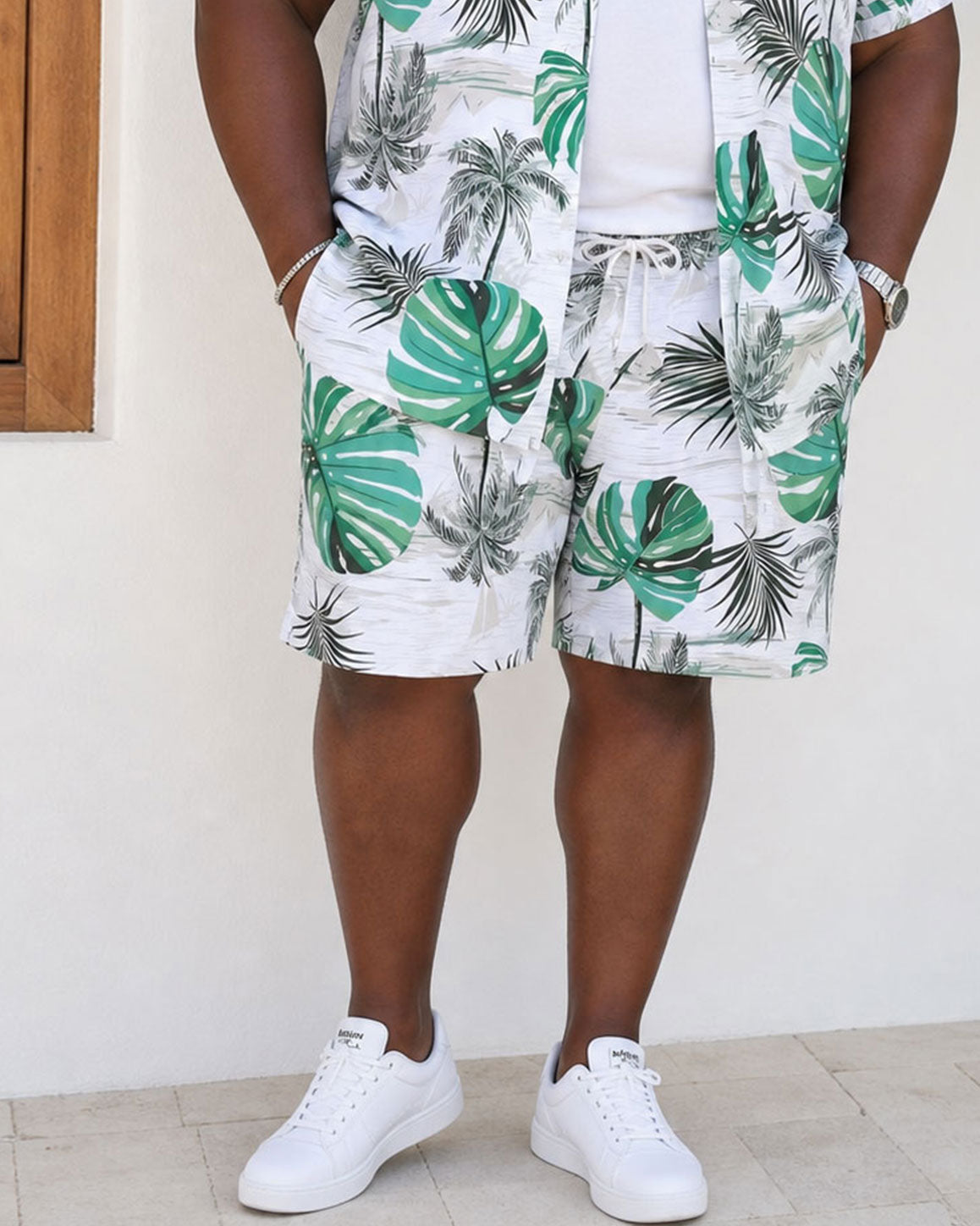 Big & Tall Men's Classic Hawaiian Plant Print Short Sleeve Shirt Shorts Set